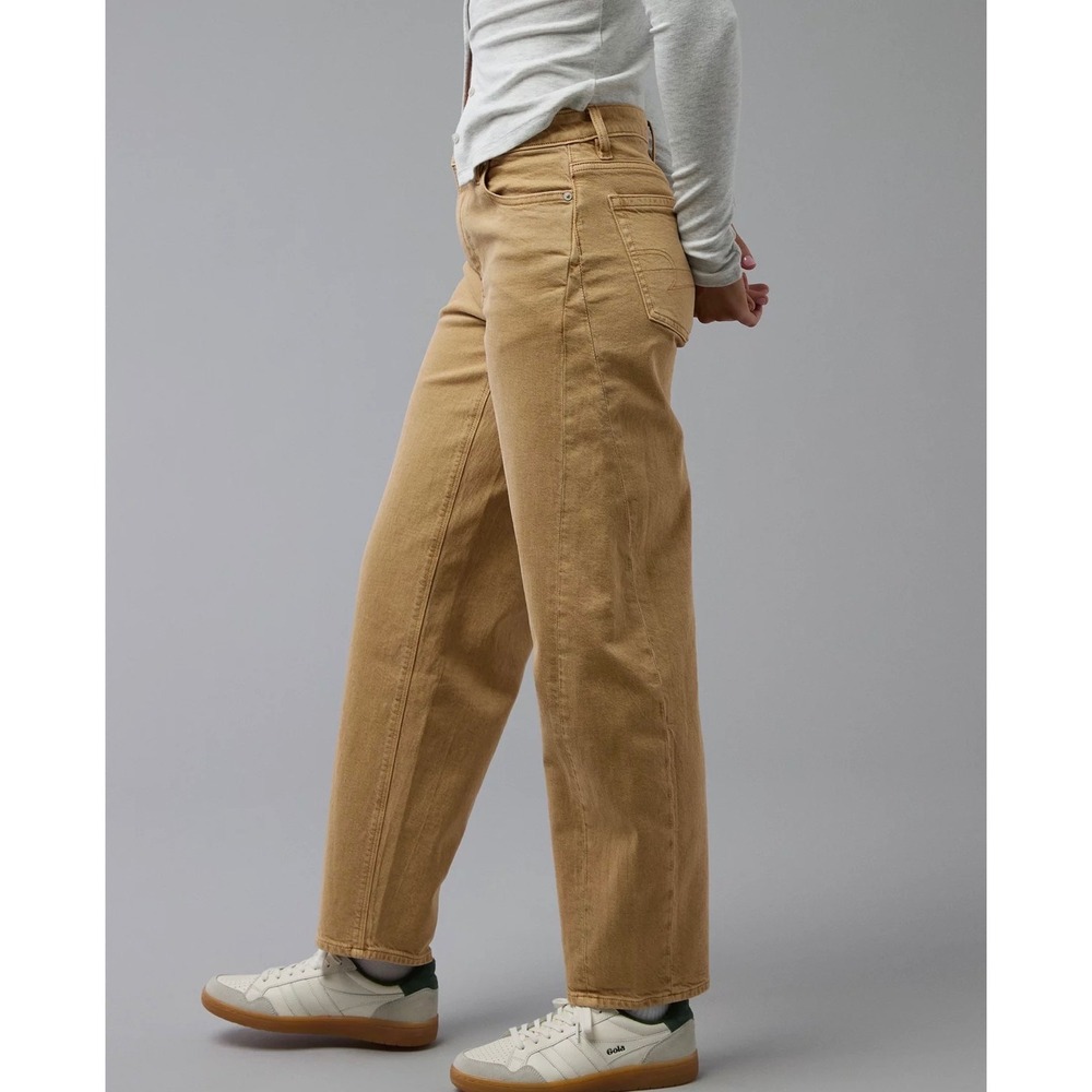 American Eagle Barrel Jeans Women 16 Tan Excellent High Rise Relaxed Khaki Boho - Picture 3 of 9